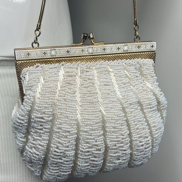 Vintage White Glass Beaded Enamel Frame Evening Handbag - Picture 1 of 6